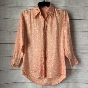 Vintage Peach Floral Paisley Pattern Button Up Shirt 3/4-length Sleeves Silky